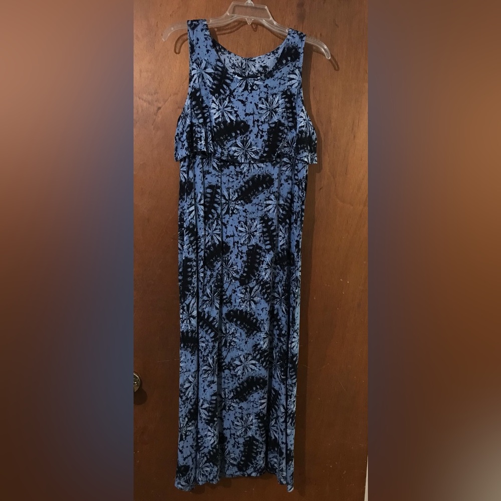 Blue and black flower design long tank dress